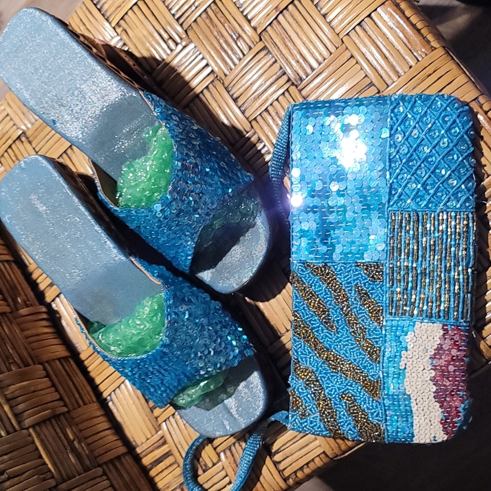 Boutique sequin handbag and matching Sandals with wooden heel